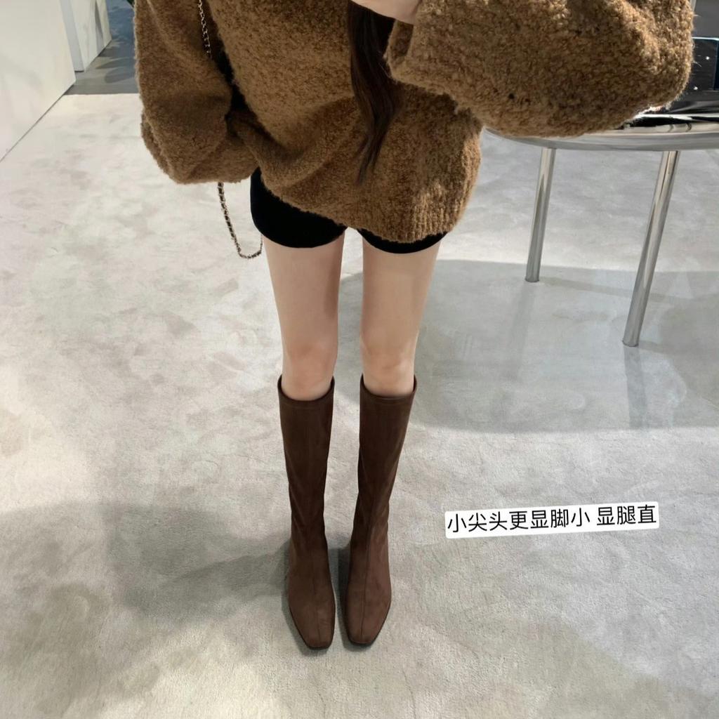 Sheepskin Version~ French Small Square Head Leather Boots, Thin Boots, Women'S Thick Heel Knight Boots, High Boots, Long Boots