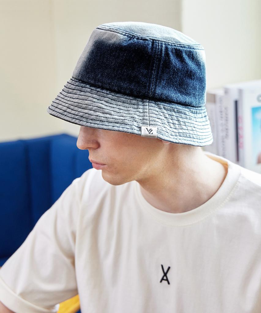 Bajal Vz Label Bleach Washed Denim Bucket Hat Indigo