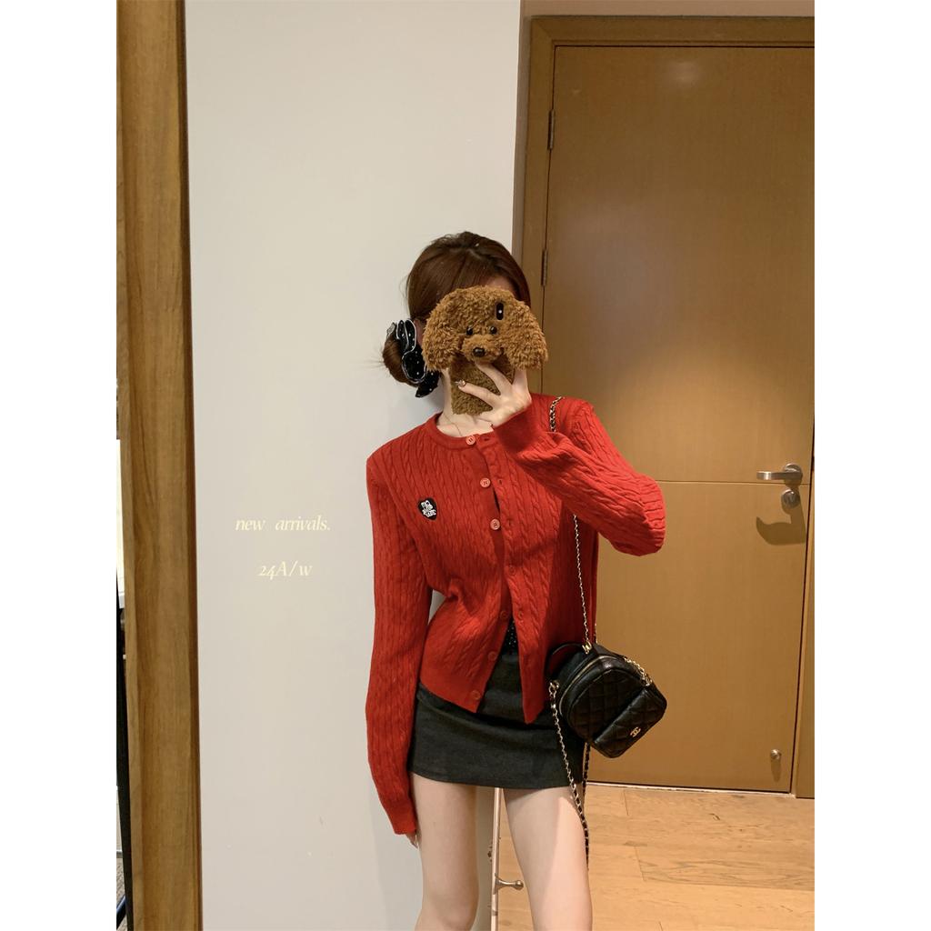 Spring college style embroidered crew neck twist sweater jacket for women with age-reducing knitted cardigan top
