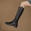 Autumn and Winter Women's Leather Boots Washed Cowhide Large Size Women's Boots New Middle Heel Versatile Round Head Rear Zipper High Boots Women