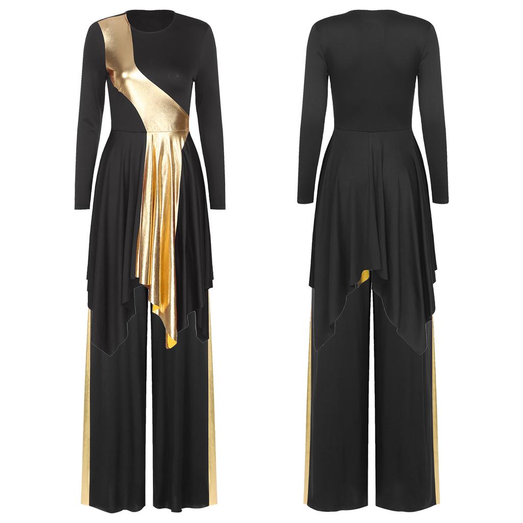 Women's Christian Dance Costume - Asymmetrical Metallic Dress with Wide-Leg Pants, Long Sleeve Worship Performance Wear