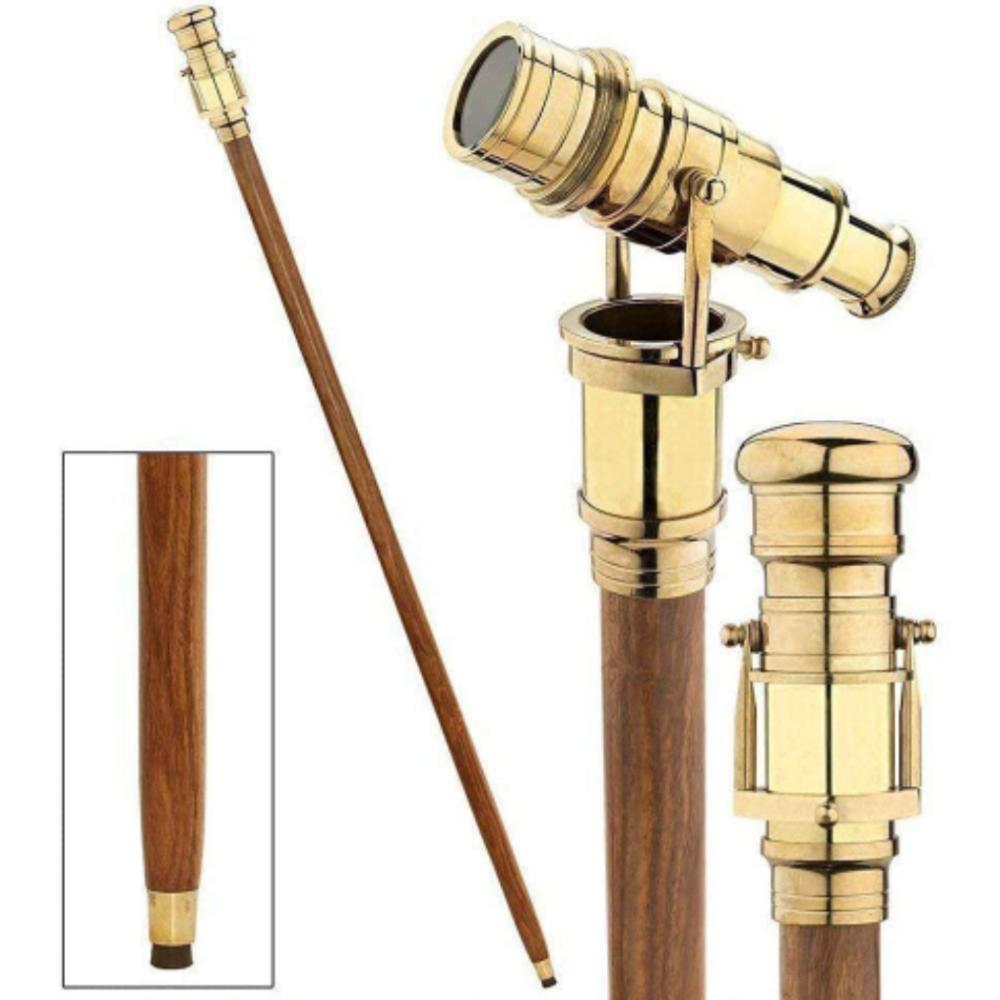 Vintage Brass Telescope Walking Stick – Foldable Wooden Cane with Hidden Spyglass, 93.98 Cm