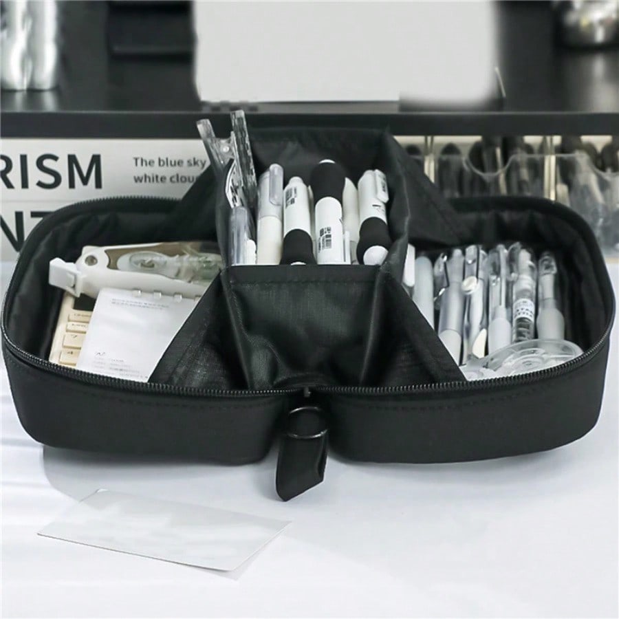 Large Capacity Pencil Case 3 Compartment Pouch Pen Bag Double Side Opening Student Stationery Organizer School Supplies