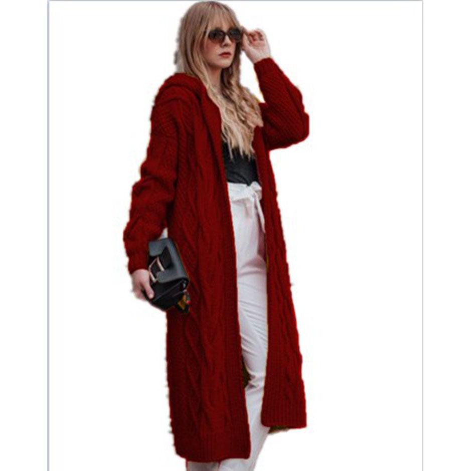 Pull Cardigan pour Femme Nouveau Style Couleur Unie à Capuche Long Ample Tricot Torsadé Vêtements Femme