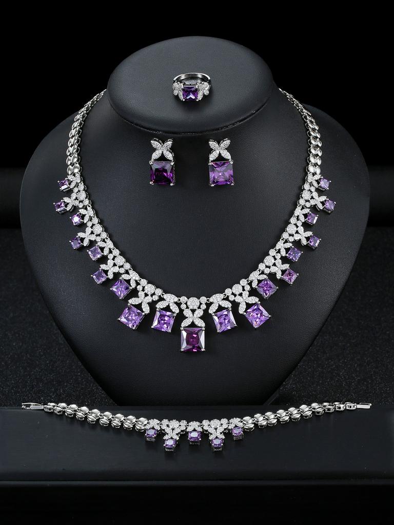 Zircon Necklace Earrings Bracelet Ring Four-piece Set Bridal Wedding Dress Dinner Accessories Ladies