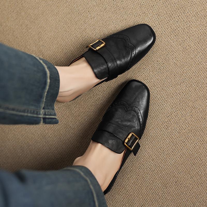 Fashion 2025 New Genuine Leather Mueller Slippers Woman Round Toe Slip-on Casual Shoes Spring Summer Shoes Outdoors Walk Shoes Woman