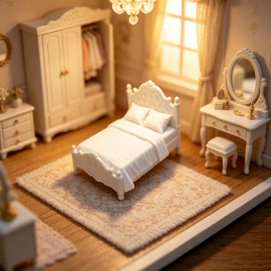 Retro Miniature Bed, Vintage Style Mini Double Bed, Miniature Furniture Tiny Bed for 1/12 Scale Doll Mansion Miniature Room Decoration
