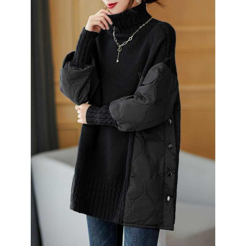 European Loose-fitting Turtleneck Coat with Quilted Texture and Button Detail