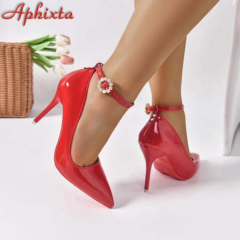 Fashion Aphixta Crystals Pearl Belt Round Buckle 3.94 Inch Stiletto Heels Pumps Women Pimp Pointed Toe Shoes Super Big Size 51 52 53