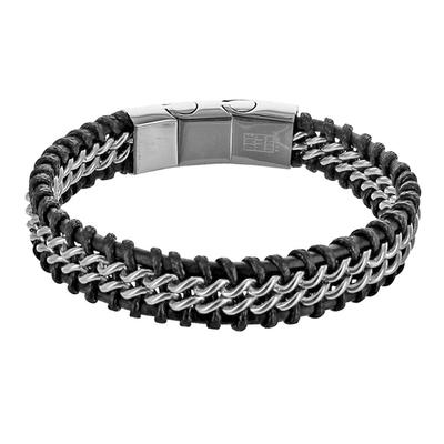 [R5097] - 'Giorgio' schwarzes silbernes Stahllederarmband - 210x13 mm
