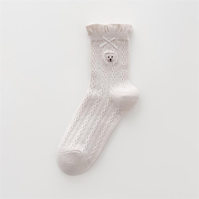 Female Summer Thin Bow Wood Ear Lace Cartoon Bear Embroidered Medium Tube Pile Socks