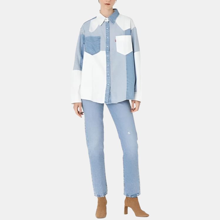 Levis Loose Fit Color Block Pointed Collar Single Breasted Long Sleeve Shirt Women Shirts Light-Indigo A5974-0001