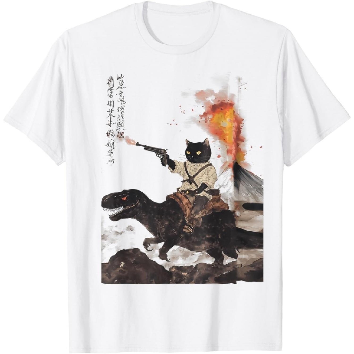 retro calligraphy cat dinosaur volcanic eruption art print T-Shirt XXXXXL белый