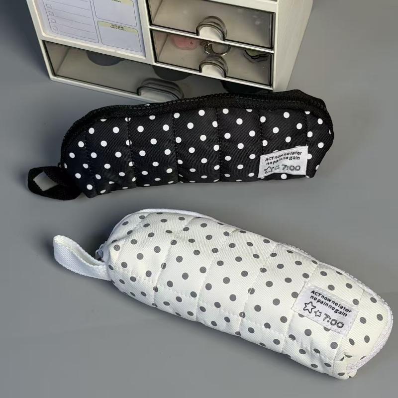 Cute Polka Dot Quilted Pencil Case Large Capacity Portable Strap For School Office Students Use