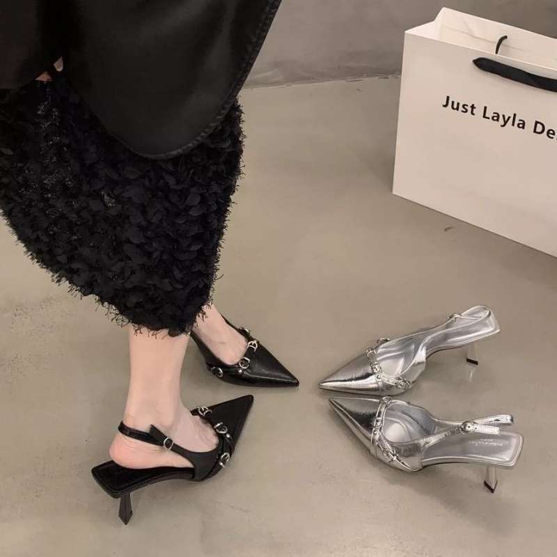 French Pointed Black High Heels Bag Head Sandals Fairy Shoes 2025 New Spring and Summer with Skirt High Heels