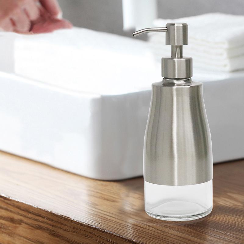 Dispenser di Sapone, Cassa in Acciaio Inossidabile Nichel Spazzolato, Rivestimento Interno in Vetro, Dispenser a Pompa Manuale, Dispenser Ricaricabile per Sapone Liquido per le Mani