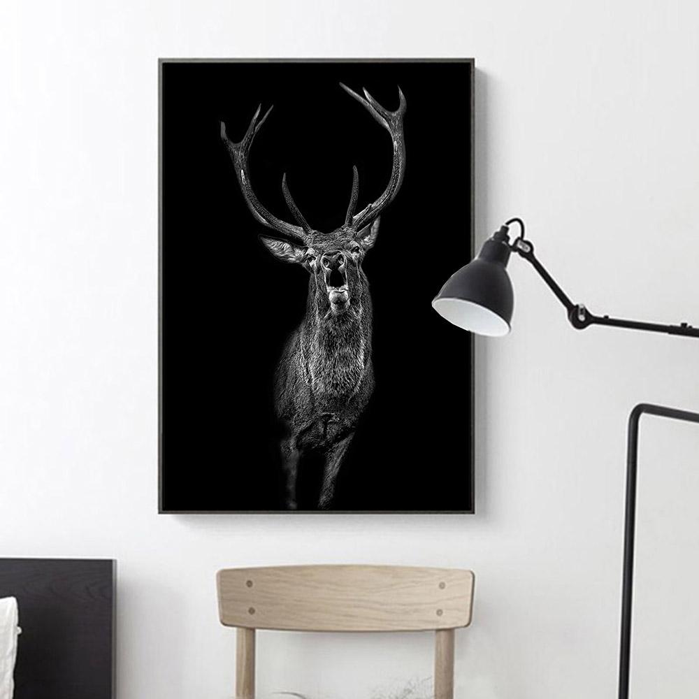 Schwarzes Hirsch Gemälde Druck Leinwand Poster Modern Minimalistisch Wandkunst Tierporträt Dunkle Bilder für Wohnzimmer Heim Wanddeko