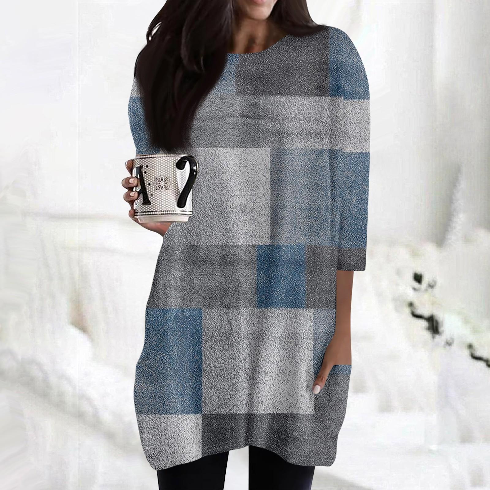 

Женские повседневные рубашки с рукавами 3/4, модные туники с принтом, топы с карманами XL синий