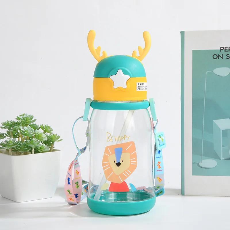 1pc Children's Straw Water Cup Cartoon Deer Antler Large Capacity Plastic Cup Summer Kindergarten Baby Student Big Belly Cup