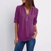 Plus Size Women Solid Color Loose Zipper V Neck Long Sleeve Chiffon Blouse Shirt