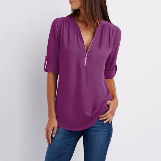 Plus Size Women Solid Color Loose Zipper V Neck Long Sleeve Chiffon Blouse Shirt