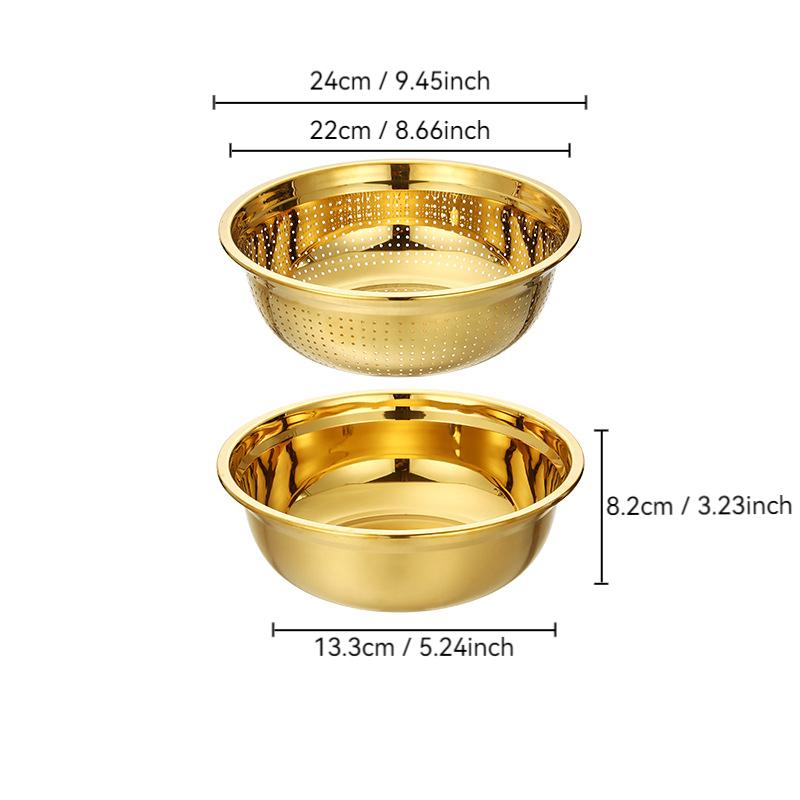

2 шт./набір Сито для рису. Ситечко з нержавіючої сталі. Золотий дренажний кошик. Багатофункціональна миска для змішування яєць. Кухонна миска для фруктів.