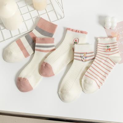 5/10 Pairs Casual Spring Summer Socks for Children Short Cuff Fresh Striped Color Block Boat Socks Academic Style Cute Embroidered Floral Socks