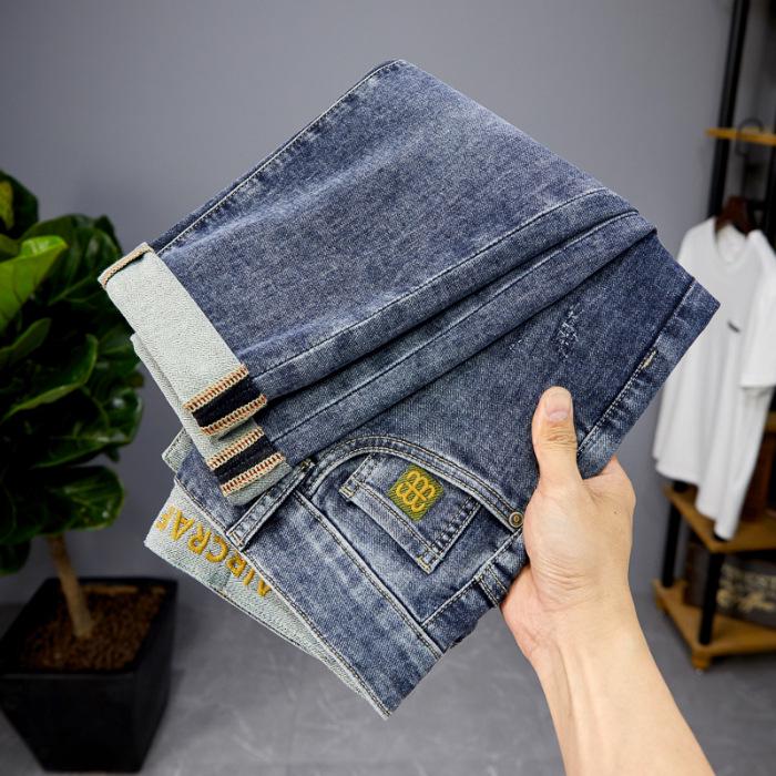 

Мужские вышитые джинсовые брюки гаремного кроя слим фит на весну/лето 2023 - Сине-серый 34 синий