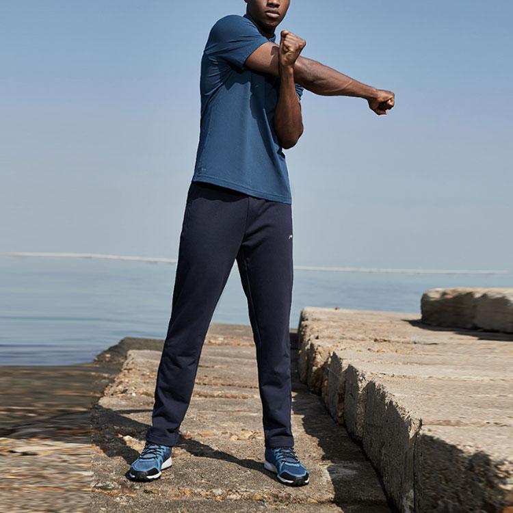 Li Ning Logo Pattern Straight Leg Knitted Sports Pants Men Pants Dark-Blue AKLSG63-2