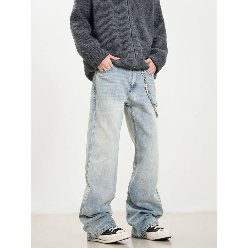 Kisko American High Street Washed Commuter Blue Flared Jeans Unisex Versatile Straight-Leg Cleanfit Pants