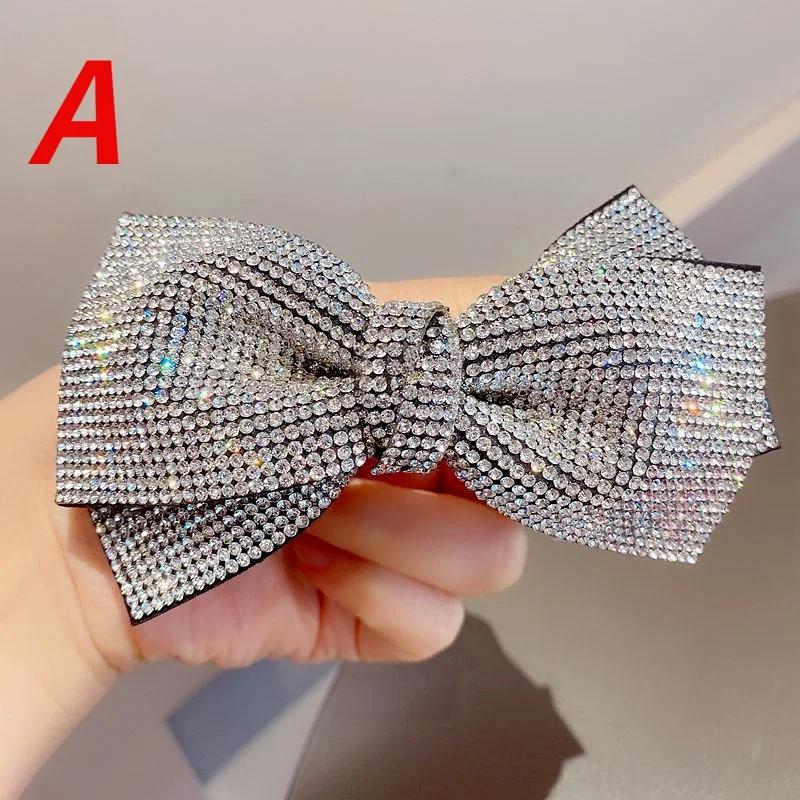 Shiny Rhinestone Double Layered Bow Hair Clip with Spring Clip for Women's Elegant Sexy Headwear Fashionable Girl Hair Accessory