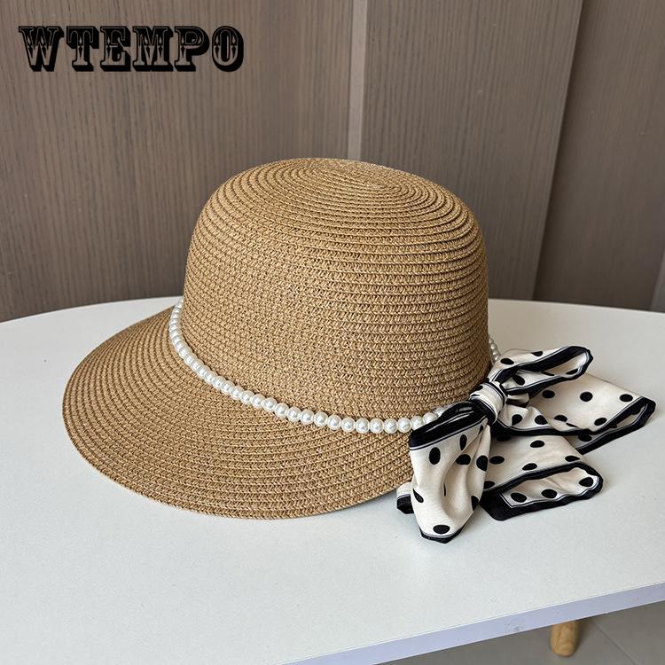 New Dome Duck Tongue Straw Hat Elegant Pearl Polka Dot Streamer Big Edge Beach Hat Seaside Travel Sun Protection Hat