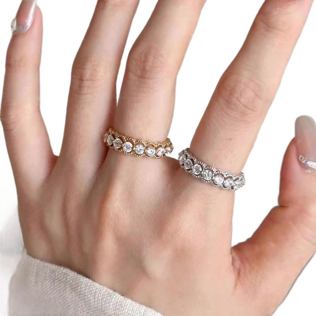 Vintage Spitze Ausgespart Goldplattiert Diamant Bandring - Damen Leichter Luxus Nischenstil