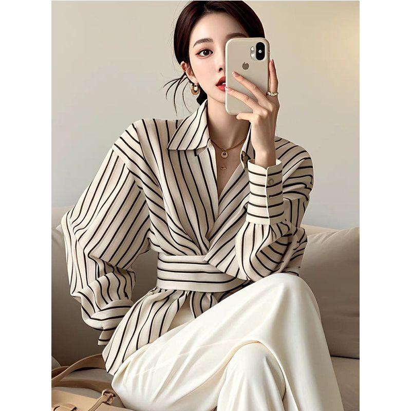 

Повседневный стиль Красный в полоску Топ с длинным рукавом для женщин, Новый Весенний и Осенний Стильный Молодежный Универсальный Стройнящий Комплект из Рубашки и Брюк Black Striped Top XL((60-65kg))