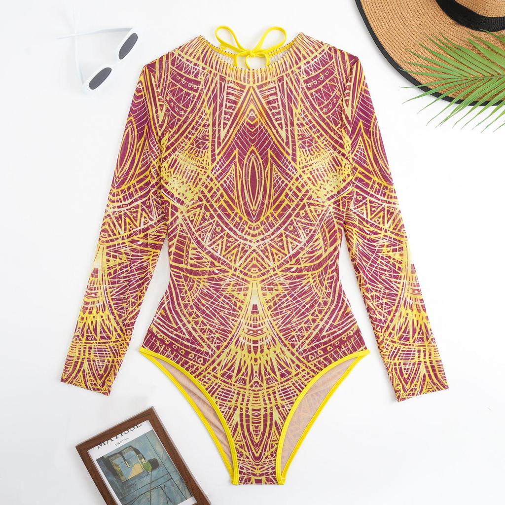 2025 Women's Smart Sun Protection Mesh Long Sleeve One-Piece Swimsuit with Russian Swim Trunks and Short Skirt