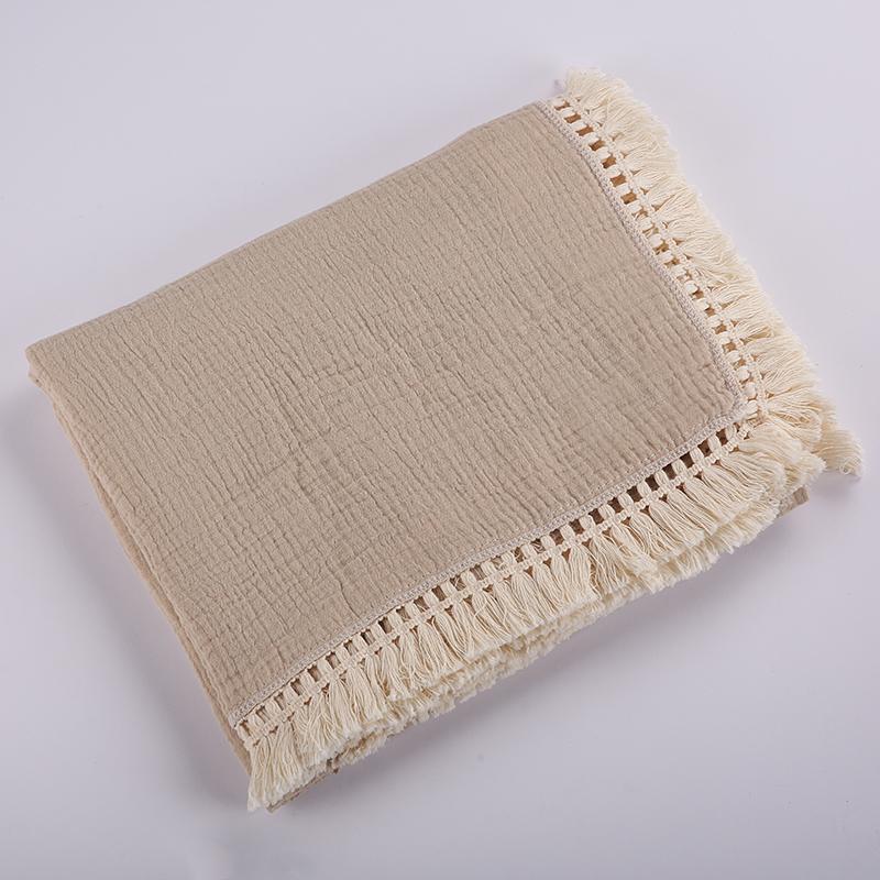 Mantas envolventes de muselina de algodón para bebé recién nacido, manta receptora con borlas, envoltura envolvente para recién nacido, colcha para dormir infantil, funda de cama (Khaki,100x120 cm) caqui