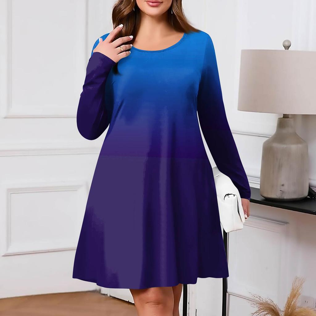 Plus Size Women's Gradient Print Casual Spring/Autumn Pocket Round Neck Long Sleeve Dress