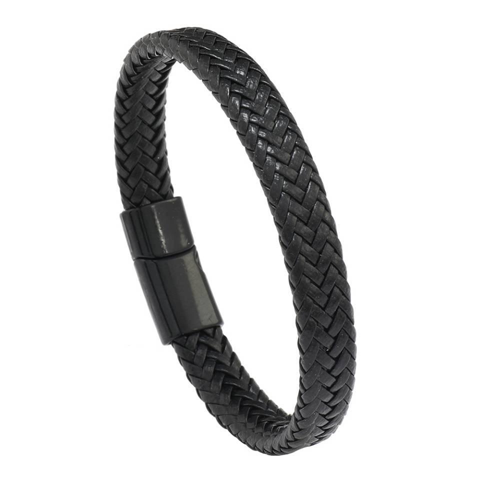 Men s Black Leather Bracelet with Magnetic Buckle - Stylish and Fashionable Woven Design 19 cm