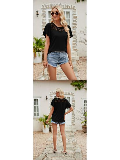 European and American Women's Solid Color Mesh Ruffle Short Sleeve T-shirt