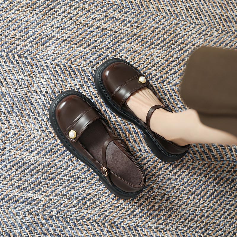 Mary Jane women's shoes 2025 spring new French sweet cool style retro single shoes pearl thick heel light sole small leather shoes women