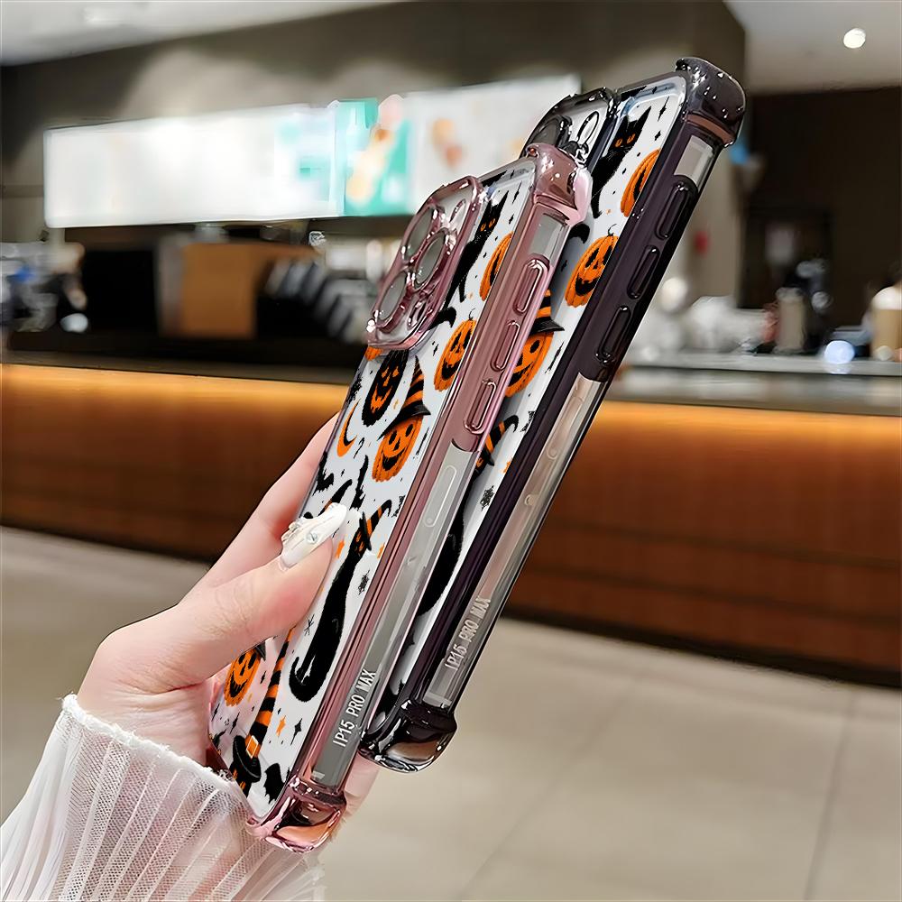 Halloween Black Cat Pumpkin Bat Pattern Phone Case For iPhone 17 16 15 14 13 12 11 Pro Max 15 16 Plus 17Air Airbag Plating Cover