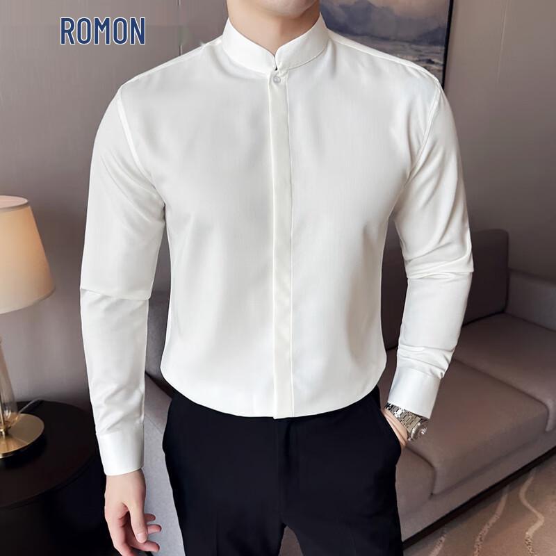 ROMON Men s Wrinkle-Free Solid Stand Collar Long Sleeve Formal Shirt XXL