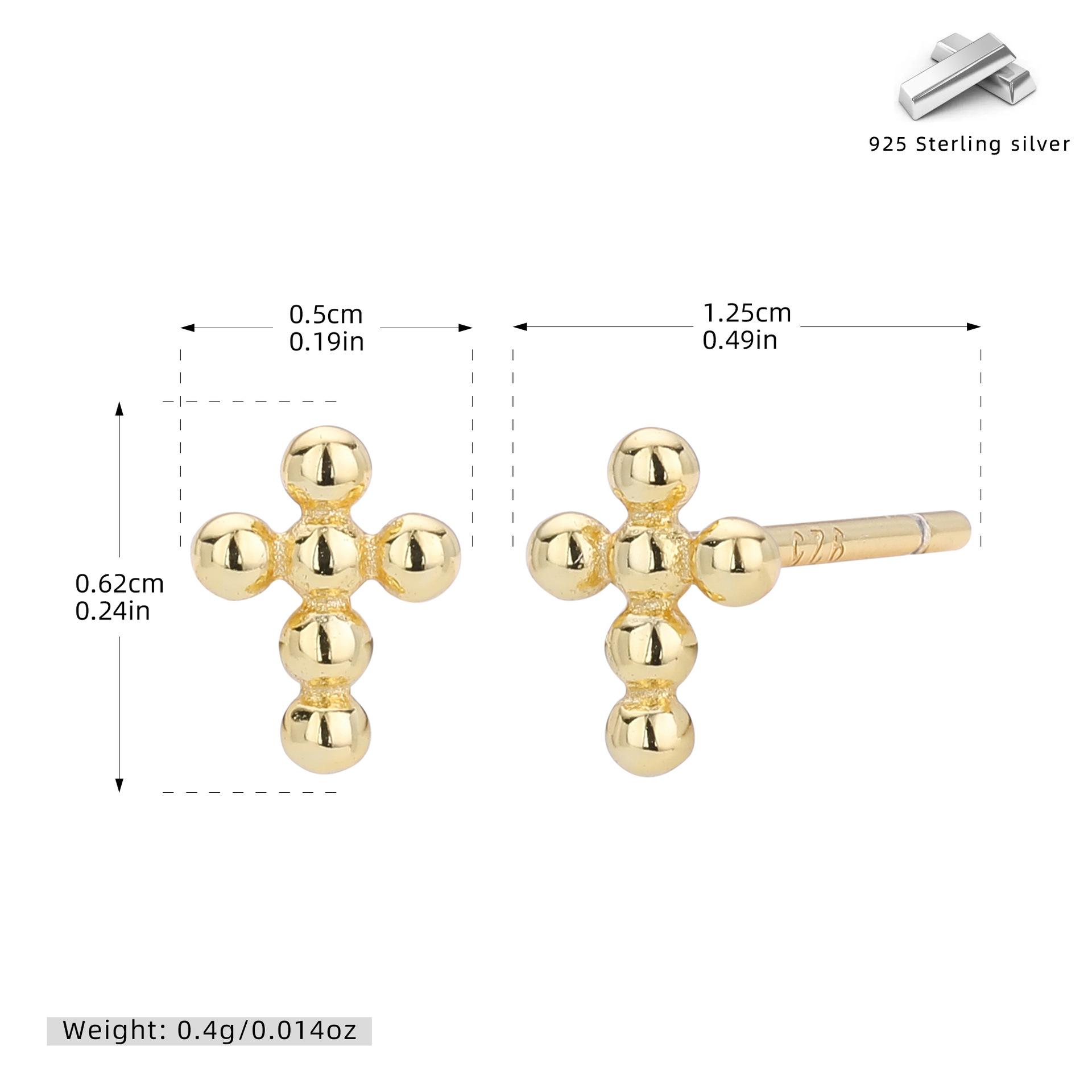 

925 Sterling Silver Beaded Cross Stud Earrings – 2 Colors Religious Minimalist Jewelry for Women Men золотой