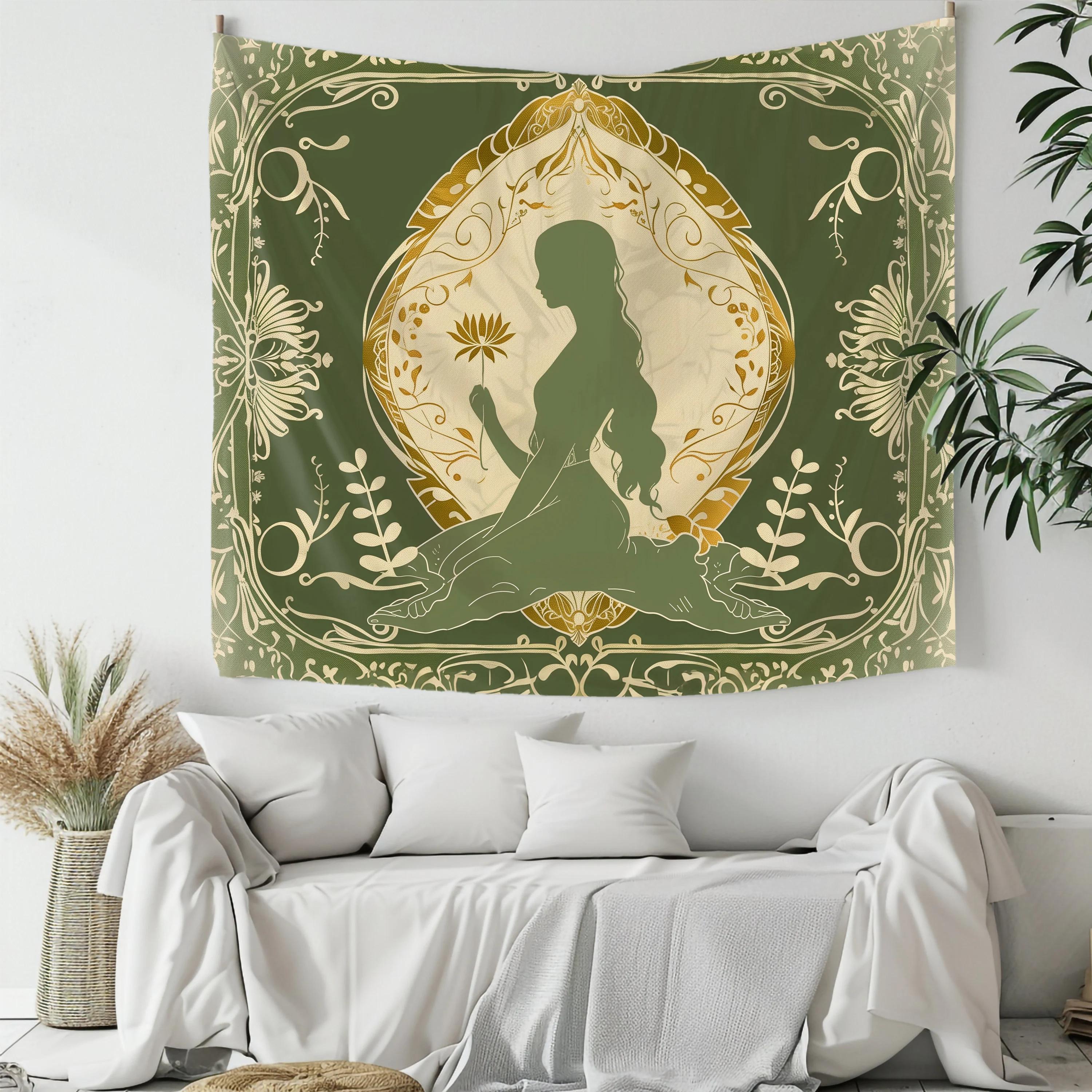 Forest Green Art Nouveau Style Goddess Tapestry Morandi Flower Frame Background Cloth Meditation Room Decoration 100X70CM