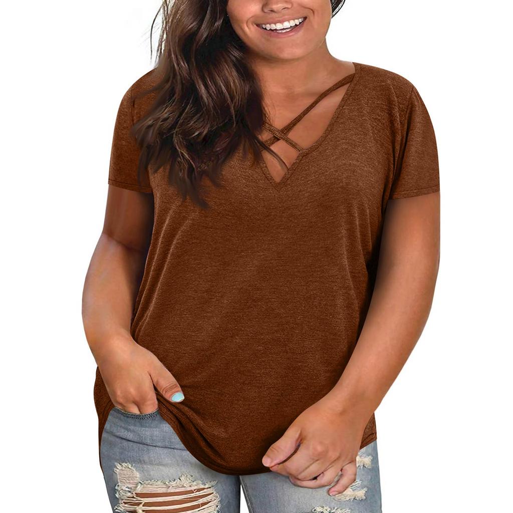 Women Plus Size Casual V Neck Short Sleeve Top Loose Fit Basic Tee Soft Fabric Comfortable Design for Daily Wear