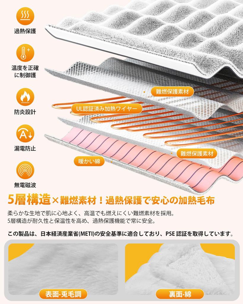 Electric Blanket, 190x130cm, Can Be Used As a Throw or Throw, [Rabbit Fur Texture + Cotton], EMF Protection, 8 Temperature Settings, 6 Timer Settings,