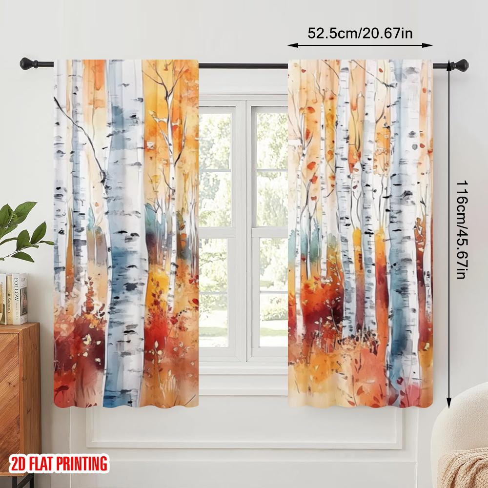 2pcs,2D plane printing Popular Curtain Panels Autumn Birchwoods Versatile Durable Polyester (without rod) Festive for Bedroom,