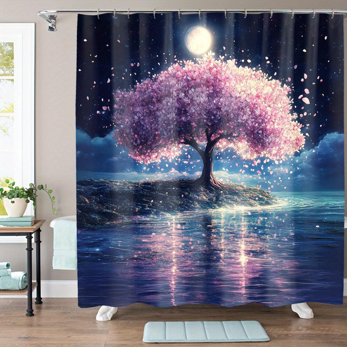 

1Pc Beautiful Moonlight Peach Blossom Digital Printed Shower Curtain, Polyester With Hooks, Machine Washable, Woven, Suitab W60H190(CM)-1 Pcs