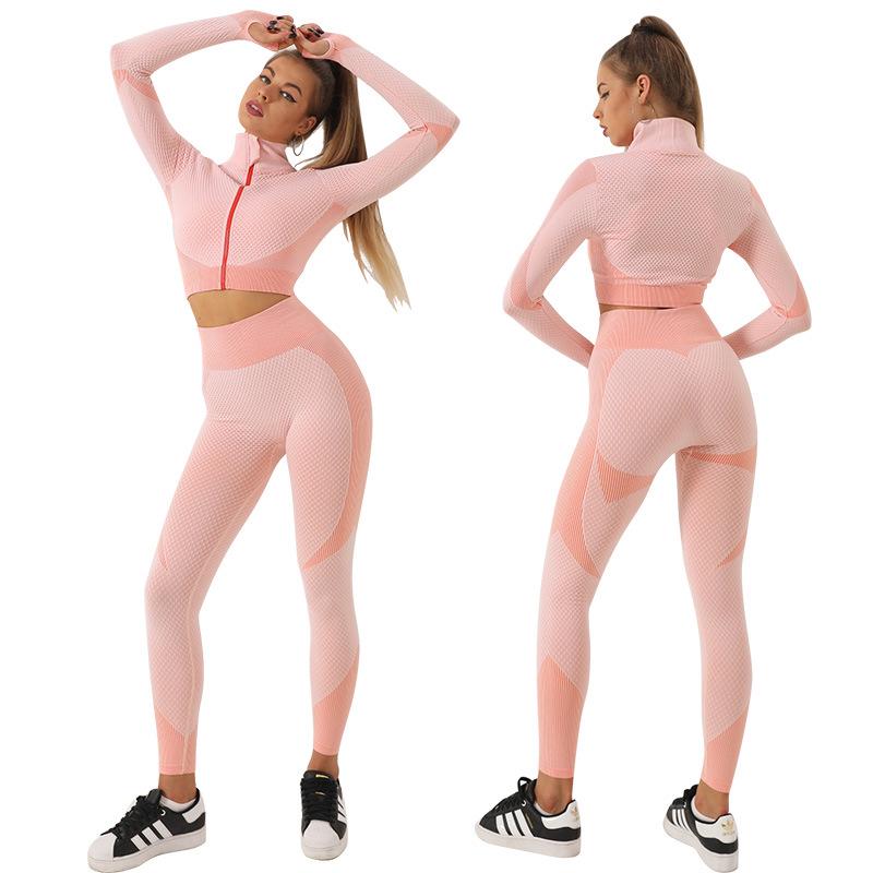 Damen High-Waist Schnelltrocknendes Yoga-Set: Langärmeliges Oberteil & Hose, ideal für Herbst/Winter-Fitness.
