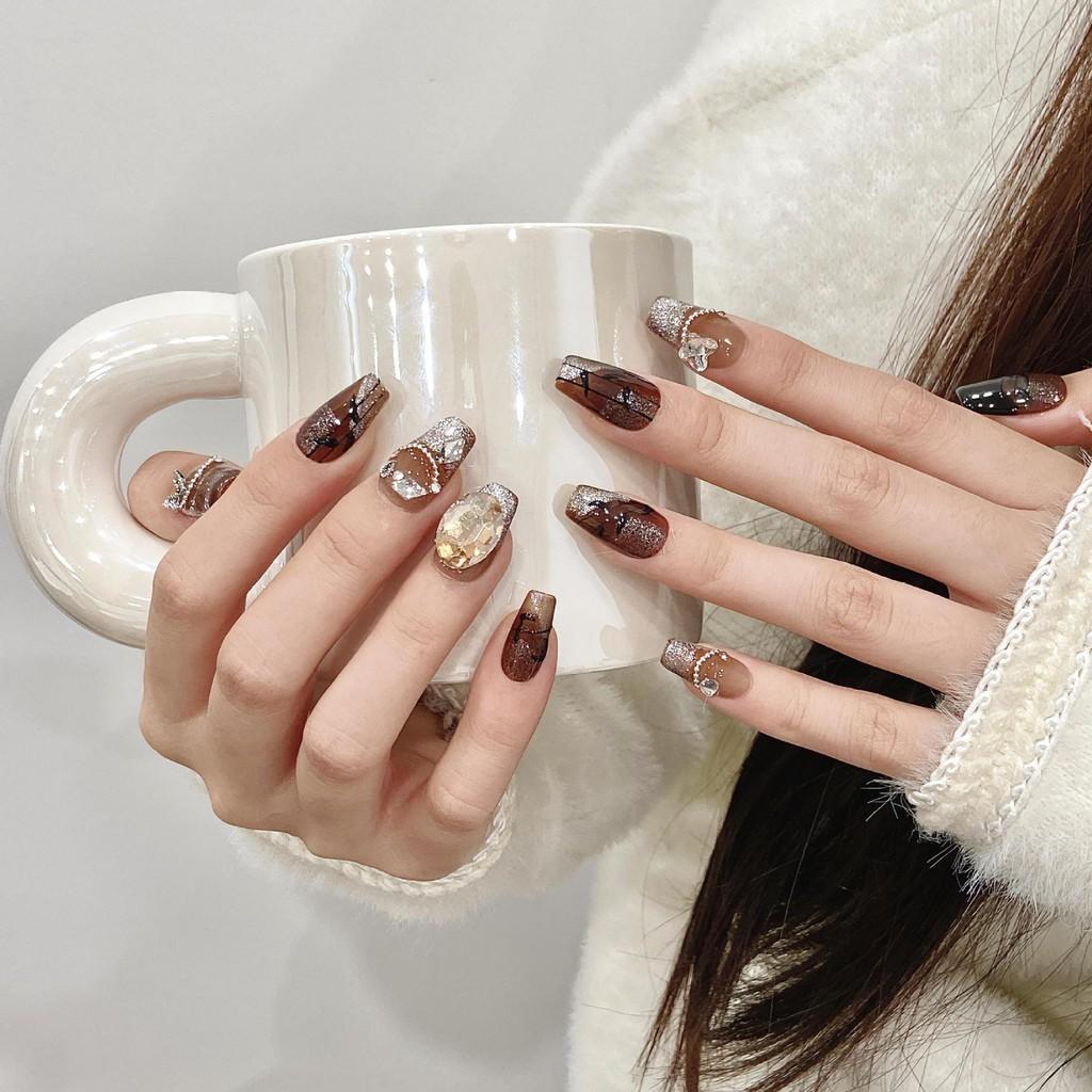 HANDMADE Medium Long Coffin Shape Fake Nail Maillard Brown French Sparkling Diamond Ins Style Socialite Luxurious Milky Way Galaxy Fake Nails